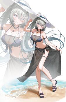 1girl absurdres arm_strap beach bikini bikini_skirt black_bikini black_choker black_sarong black_shoes blue_eyes blush bracelet braid breasts choker clothes_lift collarbone flip-flops front-tie_top full_body grey_eyes grey_hair groin hair_between_eyes halterneck hand_on_headwear hat highres horo_27 jewelry korobit large_breasts long_hair long_hair_between_eyes looking_at_viewer mole mole_under_each_eye mole_under_eye mole_under_mouth multiple_moles navel necklace nijisanji o-ring ponytail sand sandals sarong sarong_lift see-through_cleavage see-through_clothes see-through_sarong shoes side_braids simple_background smile solo sophia_valentine sun_hat swimsuit thigh_strap thighs virtual_youtuber white_hat zoom_layer