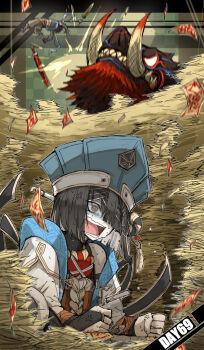 1boy 1girl @_@ anger_vein angry animal black_fur black_hair boots calligraphy_brush clenched_hand colored_inner_hair demon_boar_(fate) diarmuid_ua_duibhne_(fate) diarmuid_ua_duibhne_(saber)_(fate) fate/grand_order fate_(series) hair_over_one_eye hat highres holding holding_paper kankan33333 mole mole_under_eye multicolored_fur multicolored_hair nervous_sweating open_mouth paintbrush paper paper_stack red_fur scarf sent_flying sharp_teeth sweat sword talisman teeth tusks weapon xu_fu_(fate) xu_fu_(first_ascension)_(fate)