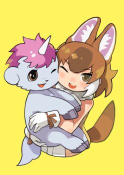 Rule 34 | animal ears, brown eyes, brown hair, commentary request, dhole (kemono friends), extra ears, gloves, horns, kemono friends, kemono friends 3, looking at viewer, one eye closed, pink hair, ribbon, rinx, scarf, shirt, short hair, simple background, sleeveless, sleeveless shirt, tail, unico, unico (character), unicorn, unicorn horn, wolf ears, wolf girl, wolf tail, yellow background