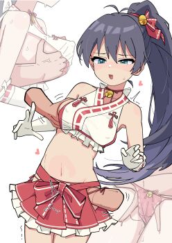 1boy 1girl absurdres anger_vein antenna_hair armpits aroused bare_shoulders bell bikini black_hair blush bow breasts clothing_cutout collarbone concept_maihime_(idolmaster) covered_erect_nipples dot_nose double-parted_bangs elbow_gloves fang fingering frilled_gloves frilled_shirt frilled_skirt frills ganaha_hibiki gloves grabbing_another's_breast groin groping hair_bell hair_ornament hair_ribbon halter_shirt halterneck hand_in_another's_skirt hand_on_another's_crotch heart highres hip_vent idolmaster idolmaster_(classic) idolmaster_million_live! idolmaster_million_live!_theater_days jingle_bell large_breasts long_hair midriff miniskirt motion_lines multiple_views navel neck_bell nipple_stimulation nontraditional_miko nose_blush ohgi910 open_mouth pink_bikini pink_ribbon pink_skirt pleated_skirt ponytail ribbon ribbon-trimmed_gloves ribbon-trimmed_shirt ribbon-trimmed_thighhighs ribbon_trim shirt side-tie_bikini_bottom sidelocks simple_background skin_fang skirt sleeveless sleeveless_shirt sweat swimsuit thighhighs trembling very_long_hair waist_bow white_background white_gloves white_thighhighs