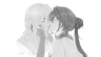 2girls absurdres blue_eyes chewinggum_p closed_eyes clothing_cutout commentary elbow_gloves english_commentary gloves greyscale hand_on_another&#039;s_face herta_(honkai:_star_rail) highres honkai:_star_rail honkai_(series) imminent_kiss long_hair monochrome multiple_girls parted_lips ruan_mei_(honkai:_star_rail) shoulder_cutout spot_color the_herta_(honkai:_star_rail) yuri