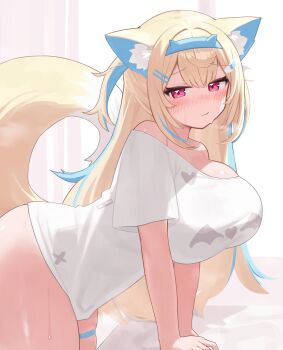 1girl absurdres animal_ear_fluff animal_ears ass bent_over blonde_hair blue_hair blue_hairband blush bottomless breasts cowboy_shot deaver dog_ears dog_girl dog_tail fuwawa_abyssgard hairband highres hololive hololive_english indoors large_breasts multicolored_hair off-shoulder_shirt off_shoulder oversized_clothes oversized_shirt pink_hair shirt solo spiked_hair sweat tail two-tone_hair virtual_youtuber white_shirt yellow_tail