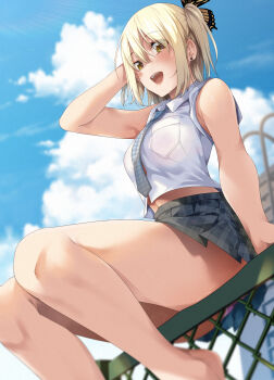 1girl :d arm_at_side arm_up armpits asakura_ageha bare_arms bare_legs bare_shoulders barefoot black_skirt blonde_hair blurry blurry_background breast_pocket breasts chain-link_fence cloud cloudy_sky collared_shirt commentary_request crop_top day earrings feet_out_of_frame fence from_below from_side hair_between_eyes hand_on_own_head highres jewelry large_breasts legs lips looking_at_viewer looking_down midriff_peek miniskirt navel necktie one_side_up open_mouth outdoors plaid_clothes plaid_necktie plaid_skirt pleated_skirt pocket ryouma_(galley) shirt short_hair sitting sitting_on_fence skirt sky sleeves_rolled_up smile solo speech_bubble summer teeth translated upper_teeth_only white_shirt yellow_eyes yumeochi_-_yume_de_bokura_wa_koi_ni_ochiru
