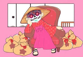 Rule 34 | ambiguous gender, animal crossing, armchair, borrowed character, chair, commission, glowing, glowing eyes, hakama, hand on own cheek, hand on own face, hat, head on hand, head rest, indoors, inkerton-kun, japanese clothes, kimono, long sleeves, looking at viewer, mask, money bag, nintendo, on chair, original, pink background, pink hakama, red eyes, red kimono, rice hat, sack, sandals, second-party source, sitting, skull mask, slides, villager (animal crossing), wide sleeves