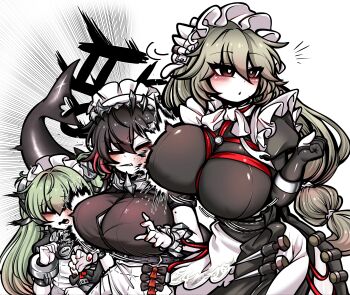 3girls absurdres alexandrina_sebastiane alternate_breast_size_(larger) apron black_hair blush breasts chest_harness commentary_request corin_wickes dress elbow_gloves ellen_joe emphasis_lines fingernails gloves green_hair grey_hair hair_between_eyes harness height_difference highres huge_breasts impossible_clothes impossible_dress korean_commentary long_hair looking_to_the_side low-tied_long_hair maid maid_apron maid_headdress mole mole_on_arm multicolored_hair multiple_girls nail_polish open_mouth parted_lips partially_fingerless_gloves raised_inner_eyebrows red_hair red_nails simple_background two-tone_hair unaligned_breasts uncolorcube v-shaped_eyebrows very_long_hair white_background wince zenless_zone_zero