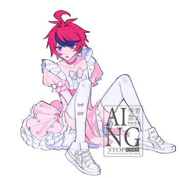 Rule 34 | 1boy, ahoge, between legs, black streaks, blue eyes, bow, bowtie, collarbone, crossdressing, crossdressing (mtf), dress, eherakil, frilled dress, frills, full body, hand between legs, highres, knees up, looking at viewer, male focus, multicolored hair, pink bow, pink bowtie, pink dress, puffy short sleeves, puffy sleeves, red hair, red pupils, shoes, short hair, short sleeves, simple background, sitting, solo, streaked hair, sumino takumi, the hundred line -last defense academy-, thighhighs, two-tone dress, two-tone hair, watermark, white background, white bow, white dress, white shoes, white thighhighs