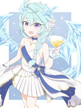 Rule 34 | 1girl, bare shoulders, birthday, blue hair, braid, braided ponytail, choker, cocktail glass, commentary request, cup, dot nose, dress, drinking glass, feet out of frame, flat chest, flower, fujiyama (yellow), gloves, hair flower, hair ornament, highres, holding, holding cup, horns, ice, ice horns, ice wings, jewelry, light blush, long hair, low ponytail, open mouth, pendant, ponytail, princess connect!, purple eyes, rose, sheffy (princess connect!), smile, solo, sparkle, standing, strapless, strapless dress, white dress, white flower, white gloves, white rose, wings