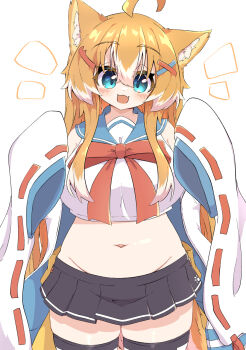 1girl ahoge animal_ear_fluff animal_ears aqua_eyes black_skirt black_thighhighs blue_sailor_collar bow bowtie breasts commentary_request cowboy_shot cropped_shirt dog_ears dog_girl dog_tail fang groin hair_between_eyes hair_ornament hairclip haru_(toramaru2001710) highres jacket jacket_partially_removed large_breasts light_blush long_hair looking_at_viewer miniskirt multicolored_hair navel open_clothes open_jacket open_mouth orange_hair original pleated_skirt red_bow red_bowtie red_ribbon ribbon ribbon-trimmed_sleeves ribbon_trim sailor_collar shirt side_slit sidelocks simple_background skin_fang skirt sleeveless sleeveless_shirt sleeves_past_fingers sleeves_past_wrists smile solo stomach straight-on tail thighhighs toramaru2001710 two-tone_hair very_long_hair white_background white_hair white_jacket white_shirt wide_sleeves x_hair_ornament zettai_ryouiki