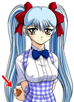 Rule 34 | 1girl, apron, arms behind back, arrow (symbol), averting eyes, bandabekken, blue apron, blue bow, blue bowtie, blue hair, blush, bow, bowtie, breasts, brown eyes, closed mouth, covered erect nipples, croissant, food, food on face, gingham apron, gingham clothes, hair bow, holding, holding food, hoshino ruri, hoshino ruri (captain), kidou senkan nadesico, kidou senkan nadesico - prince of darkness, kobeya uniform, long hair, medium breasts, red bow, shirt, simple background, solo, upper body, waitress, white background, white shirt