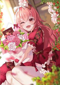 1girl 7naako5 ;d absurdres bouquet commentary dress dutch_angle fang flower frilled_dress frills highres himitsu_no_valentine_daisakusen!_(project_sekai) holding holding_bouquet looking_at_viewer momoi_airi official_alternate_costume official_alternate_hair_length official_alternate_hairstyle one_eye_closed open_mouth outdoors pantyhose pink_eyes pink_flower pink_rose project_sekai rose sitting smile solo white_flower white_pantyhose white_rose window