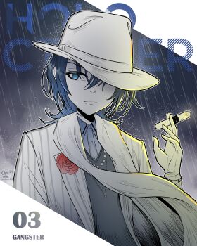 Rule 34 | 1girl, absurdres, adapted costume, black sweater, blue eyes, blue hair, blue shirt, cigar, closed mouth, collared shirt, commentary, earclip, english commentary, fedora, gloves, hat, highres, hiodoshi ao, hiodoshi ao (1st costume), hololive, hololive dev is, jacket, jewelry, kluverdesigns, light frown, medium hair, mole, mole under mouth, necklace, pinstripe jacket, pinstripe pattern, rain, scarf, shirt, solo, suit jacket, sweater, v-neck, virtual youtuber, white gloves, white hat, white jacket, wolf cut
