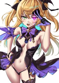 1girl aqua_hair artist_name bare_shoulders black_bow black_collar black_dress black_gloves black_thighhighs blonde_hair blush bow bowtie breasts chuunibyou collar colored_inner_hair commentary cowboy_shot dress english_commentary enma_(enmanuelart) eyelashes eyepatch eyepatch_pull fischl_(genshin_impact) frilled_collar frills garter_straps genshin_impact gloves glowing glowing_eye green_eyes hair_between_eyes hair_bow hand_on_own_hip heterochromia highres looking_at_viewer medium_breasts multicolored_hair open_mouth purple_bow purple_bowtie purple_eyes purple_gloves simple_background single_garter_strap single_glove single_thighhigh solo sparkle teeth thighhighs tongue twintails two-tone_gloves two-tone_hair watermark white_background