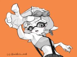 1girl animated blinking blush ear_piercing food fruit greyscale kora_(midorin_mob) lemon lemon_slice long_hair marie_(splatoon) marie_(summer_nights)_(splatoon) mole mole_under_eye monochrome nintendo official_alternate_costume orange_background outstretched_arms oyster parted_lips piercing pink_lips pointy_ears smile solo splatoon_(series) splatoon_1 splatoon_3 spot_color suspenders tentacle_hair upper_body video