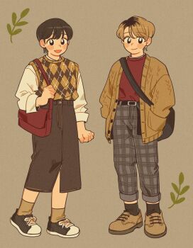 Rule 34 | 2girls, argyle clothes, argyle sweater vest, bag, black bag, black eyes, black hair, black shoes, black skirt, black socks, blush, brown cardigan, brown hair, brown shoes, brown socks, brown sweater vest, cardigan, closed mouth, commentary request, denim, denim skirt, ear piercing, grey pants, handbag, hands in pockets, highres, korean commentary, long skirt, looking at viewer, multicolored hair, multiple girls, open cardigan, open clothes, open mouth, original, pants, piercing, red bag, roots (hair), shoes, short hair, sihyun25, skirt, smile, socks, sweater vest