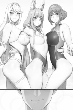 1boy 3girls alternate_costume animal_ears arm_around_waist bad_id bad_twitter_id bare_shoulders blush breasts closed_mouth commentary competition_swimsuit english_commentary greyscale highres holding_hands husband_and_wives interlocked_fingers large_breasts leotard long_hair lvl_(sentrythe2310) medium_breasts monochrome multiple_girls mythra_(radiant_beach)_(xenoblade) mythra_(xenoblade) nia_(blade)_(xenoblade) nia_(xenoblade) one-piece_swimsuit pyra_(pro_swimmer)_(xenoblade) pyra_(xenoblade) rex_(xenoblade) short_hair smile swimsuit thigh_strap thighs xenoblade_chronicles_(series) xenoblade_chronicles_2