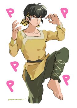 Rule 34 | 1boy, barefoot, black eyes, black hair, clothing request, commentary request, cosplay, fighting stance, headband, hibiki ryouga, hibiki ryouga (cosplay), juumonji tsubasa, kyoukai no rinne, male focus, mame moyashi, ranma 1/2, short hair, solo, standing, standing on one leg