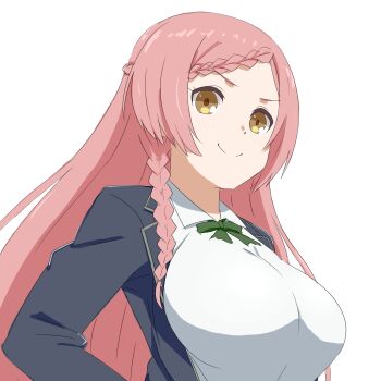 10s 1girl braid breasts chelle_ingham female_focus highres large_breasts long_hair no-rin pink_hair school_uniform simple_background smile solo white_background yellow_eyes yoshida_kochou