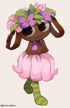 Rule 34 | 1girl, :3, bassie (dandy's world), black eyes, commentary, dandy's world, dark skin, double finger gun, finger gun, flower, flower basket, flower skirt, green socks, highres, leaf, object head, pink flower, pink skirt, planetaryvenus, purple flower, purple tank top, simple background, skirt, socks, striped clothes, striped socks, tank top, toon (style), white background