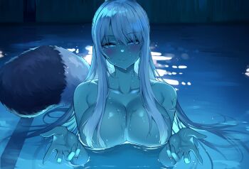 1girl absurdres blush breasts chainsaw_man character_request cleavage closed_mouth collarbone commission convenient_censoring copyright_request deogho_(liujinzy9854) highres i&#039;ll_teach_you_everything_(chainsaw_man) large_breasts long_hair night partially_submerged pool raccoon_tail scene_reference smile solo tail upper_body water water_censor wet white_hair