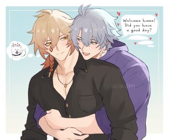 Rule 34 | 2boys, absurdres, antenna hair, black shirt, blazingstrife, blonde hair, blue eyes, blue hair, border, braid, buttons, closed mouth, collared shirt, commentary, english commentary, english text, eye contact, facial tattoo, gradient hair, hair between eyes, heart, highres, honkai: star rail, honkai (series), hood, hood down, hoodie, hug, hug from behind, light smile, looking at another, male focus, multicolored hair, multiple boys, mydei (honkai: star rail), neck tattoo, open mouth, orange hair, outside border, pectoral cleavage, pectorals, phainon (honkai: star rail), purple hoodie, red tattoo, shirt, short hair, side braid, speech bubble, spoken animal, sun symbol, sun tattoo, tan, tattoo, thought bubble, two-tone hair, upper body, white border, yaoi