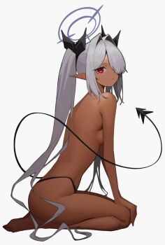 1girl anemoneeanemone black_panties blue_archive breasts covering_breasts covering_privates dark-skinned_female dark_skin from_side grey_hair hair_over_one_eye halo highleg highleg_panties highres iori_(blue_archive) long_hair looking_at_viewer looking_to_the_side nude panties pointy_ears profile red_eyes tail twintails underwear