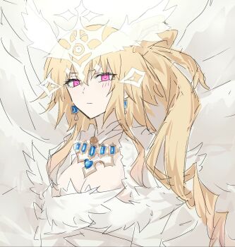 1girl angel angel_wings blonde_hair blush breasts cleavage closed_mouth dress fate/grand_order fate_(series) feathered_wings highres jeanne_d&#039;arc_(fate) jewelry long_hair looking_at_viewer metatron_jeanne_(fate) metatron_jeanne_(univers_immortel_metatron)_(fate) multiple_wings necklace nekwnek pink_eyes simple_background solo very_long_hair white_background white_dress white_wings wings