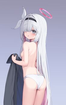 1girl absurdres ass black_hairband blue_archive breasts commentary hair_over_one_eye hairband halo highres loli long_hair looking_at_viewer multicolored_hair panties pink_hair plana_(blue_archive) ryuhei_(lyuheyi1011) small_breasts solo topless_female underwear white_panties