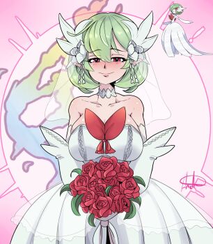 1girl a.c._hunter artist_name bare_shoulders blush bob_cut bouquet breasts bridal_veil bride choker closed_mouth collarbone dress elbow_gloves female_focus flower gardevoir gen_3_pokemon gloves green_hair hair_between_eyes hair_flower hair_ornament half-closed_eyes happy holding holding_bouquet humanization large_breasts layered_gloves looking_at_viewer mega_evolution_symbol nintendo nose_blush official_art_inset pink_background pointy_ears pokemon red_eyes red_flower red_rose rose see-through_clothes see-through_veil short_hair signature skindentation smile solo standing straight-on strapless strapless_dress tears veil wedding_dress white_choker white_dress white_flower white_gloves white_veil