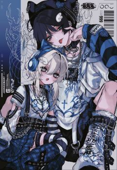 1boy 1girl 666 ahoge alternate_costume angel_wings animal_ear_headphones animal_ears animal_hat arm_warmers asymmetrical_sleeves bags_under_eyes barcode beanie belt belt_collar between_legs black_choker black_collar black_hair black_hat black_shorts black_sleeves black_trim blonde_hair blue_sleeves blue_trim blush cat_ear_headphones cat_ears cat_hat chain chain_necklace choker collar collarbone contemporary couple cross cross_necklace cross_print curled_fingers e-kid_fashion ear_piercing enma666 eyelid_piercing eyeshadow face_piercing fake_animal_ears fang fur-trimmed_arm_warmers fur_trim genshin_impact goth_fashion grey_eyes grey_eyeshadow hair_between_eyes hair_intakes hair_ornament hat hat_chain hat_ornament hat_ring head_on_chest headphones heart heart_hat_ornament hetero highres index_finger_raised jewelry knee_up leaning_on_person leg_warmers lightning_bolt_print long_sleeves looking_at_viewer lumine_(genshin_impact) makeup matching_outfits multiple_belts multiple_necklaces necklace o-ring o-ring_choker o-ring_thigh_strap open_mouth piercing plaid_clothes plaid_leg_warmers plaid_skirt purple_eyes purple_skirt red_eyeshadow safety_pin scaramouche_(genshin_impact) shirt shoe_belt short_hair short_hair_with_long_locks short_sleeves shorts sidelocks single_sleeve sitting skin_fang skirt spread_legs striped_clothes striped_sleeves striped_thighhighs thigh_strap thighhighs tongue tongue_out tongue_piercing white_arm_warmers white_belt white_footwear white_leg_warmers white_shirt white_sleeves white_wings wing_hair_ornament wings yokozuwari zipper