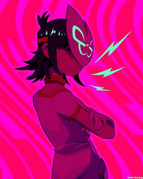 Rule 34 | 1girl, :3, absurdres, artist name, crossed arms, gloves, gorillaz, highres, lightning bolt symbol, lipstick, makeup, mask, medium hair, noodle (gorillaz), pink theme, pouch, shirt, short sleeves, sidelocks, solo, upper body, vurtiny, white shirt