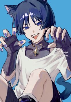 1boy alternate_costume animal_ear_fluff animal_ears artist_name bell black_bodysuit black_boots black_gloves black_hair black_shorts blue_background blunt_ends bodysuit boots bright_pupils casual cat_boy cat_ears cat_tail contemporary covered_collarbone curled_fingers eyeliner eyeshadow fangs fingerless_gloves genshin_impact glint gloves gold hands_up highres lace-up_boots looking_at_viewer makeup male_focus mandarin_collar neck_bell nonoji_(nonoji_ekaki) paw_pose purple_eyes purple_nails red_eyeliner red_eyeshadow scaramouche_(genshin_impact) shirt short_sleeves shorts shoulder_peek socks solo tail teeth tongue tongue_out tsurime upper_teeth_only wanderer_(genshin_impact) white_pupils white_shirt white_sleeves white_socks wispy_bangs