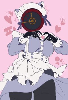 1girl animal_ears apron black_gloves blue_bow blue_dress bow breasts cat_ears clock cowboy_shot dante_(limbus_company) dress facing_viewer genderswap genderswap_(otf) gloves hair_bow highres large_breasts limbus_company maid maid_headdress object_head pink_background project_moon rodionlotte simple_background solo white_apron