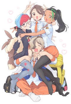 1boy 3girls arven_(pokemon) backpack bag black_thighhighs blue_hair blush braid breasts brown_hair commentary_request double_v eevee_backpack freckles glasses grey_eyes harinezumi103 heart highres holding holding_another's_leg hood hoodie hug juliana_(pokemon) long_sleeves multicolored_hair multiple_girls naranja_academy_(emblem) naranja_academy_school_uniform nemona_(pokemon) nintendo one_eye_closed open_mouth orange_shorts penny_(pokemon) pokemon pokemon_sv red_hair school_uniform short_hair short_sleeves shorts small_breasts smile thighhighs two-tone_hair v white_background
