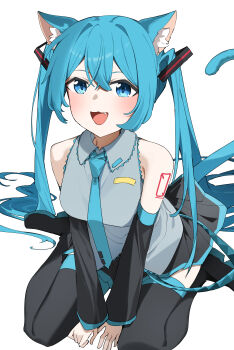 Rule 34 | 1girl, absurdres, animal ear fluff, animal ears, aqua eyes, aqua hair, aqua trim, arm tattoo, bare shoulders, black skirt, black sleeves, blush, boots, cat ears, cat girl, cat tail, collared shirt, commentary request, detached sleeves, grey shirt, hair between eyes, hair ornament, hatsune miku, highres, long hair, long sleeves, looking at viewer, miniskirt, number tattoo, nun178089, open mouth, pleated skirt, shirt, simple background, sitting, skirt, sleeveless, sleeveless shirt, smile, solo, tail, tattoo, thigh boots, twintails, very long hair, vocaloid, wariza, white background, wide sleeves