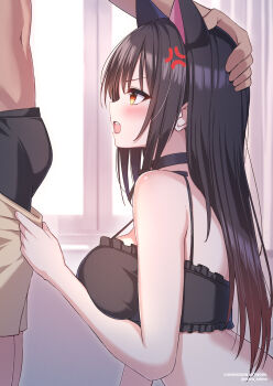 1boy 1girl anger_vein animal_ear_hairband animal_ears black_bra black_choker black_hair black_panties blush bra breasts brown_eyes cat_ear_hairband cat_ears cat_lingerie choker clothes_pull commentary english_commentary fake_animal_ears frilled_bra frills from_side grey_shorts hairband hand_on_another&#039;s_head hetero highres indoors kotegawa_yui large_breasts maru.selinn navel open_mouth panties profile pulling_another&#039;s_clothes shorts shorts_pull solo_focus to_love-ru underwear window