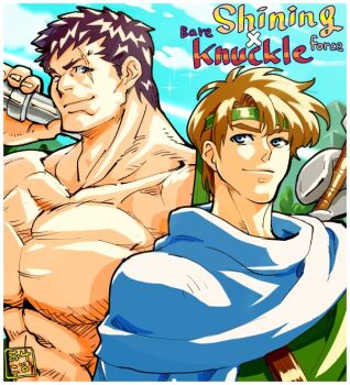 2boys asymmetrical_bangs blonde_hair brown_hair cape collarbone copyright_name crossover english_text fingernails gloves green_tunic holding holding_weapon light_smile looking_at_viewer looking_to_the_side max_(shining_force) max_hatchett multiple_boys muscular muscular_male name_connection neck okeko pectorals protected_link scar scar_across_eye scar_on_face shining_(series) shining_force_i short_hair signature spiked_hair streets_of_rage streets_of_rage_2 sword title tunic upper_body weapon white_cape