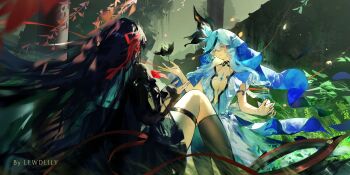 2girls absurdres arm_cutout artist_name black_flower black_hair black_jacket blake_bloom_(wuthering_waves) blue_hair blue_veil breasts chisa_(wuthering_waves) clothing_cutout commentary flower hair_ribbon hand_up highres jacket lewdlily66 long_hair long_sleeves medium_breasts multiple_girls red_ribbon ribbon sailor_collar shorekeeper_(wuthering_waves) tacet_mark_(wuthering_waves) two-tone_veil veil white_sailor_collar white_veil wuthering_waves