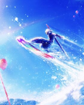 1boy absurdres armor baggy_pants balloon blonde_hair blue_sky buster_sword closed_mouth cloud_strife commentary english_commentary final_fantasy final_fantasy_vii final_fantasy_vii_remake from_side full_body goggles highres male_focus outdoors pants profile short_hair shoulder_armor sky sleeveless sleeveless_turtleneck snow snowboard snowboarding solo spiked_hair sweater sword sword_on_back turtleneck turtleneck_sweater tylor_hepner weapon weapon_on_back