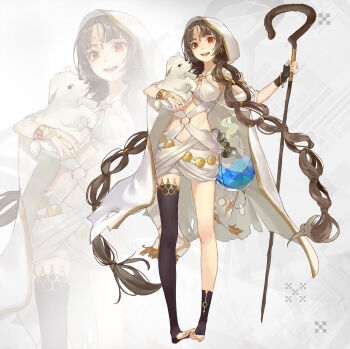 1girl absurdres animal asymmetrical_legwear baby_animal black_legwear black_nails bracelet braid breasts bridal_legwear brown_hair chinese_commentary cloak commentary_request dress eve_(masterwork_apocalypse) fingerless_gloves fingernails full_body gem gloves gold_trim hexagram highres holding holding_animal holding_staff hood hooded_cloak jewelry lamb long_hair looking_away low_twin_braids masterwork_apocalypse medium_breasts messikid mole mole_under_eye nail_polish no_shoes o-ring_dress official_art open_mouth parted_bangs red_eyes ring sheep single_fingerless_glove single_sock smile socks solo staff star_of_david teeth twin_braids uneven_legwear upper_teeth_only very_long_hair white_cloak white_dress wooden_staff zoom_layer