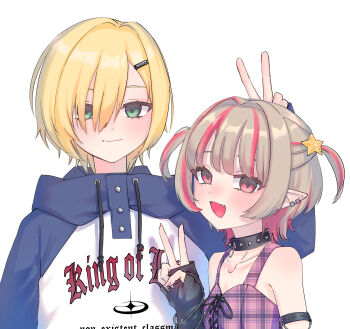 Rule 34 | 1boy, 1girl, absurdres, arm strap, bare shoulders, black arm warmers, black collar, blonde hair, blue hood, blue sleeves, blunt bangs, blush, breasts, chain, chain bracelet, closed mouth, clothes writing, collar, collarbone, colored inner hair, crop top, cross-laced clothes, cross-laced top, drawstring, earclip, fangs, from side, green eyes, grey hair, hair intakes, hair ornament, hair over one eye, hairclip, highres, hood, hood down, hoodie, krtc mgk, long sleeves, looking at viewer, makaino ririmu, makaino ririmu (6th costume), multicolored hair, nijisanji, no headwear, no jacket, o-ring collar, open mouth, pink hair, pink streaks, plaid clothes, pointy ears, print hoodie, raglan sleeves, red eyes, short hair, side-by-side, simple background, sleeveless, sleeves past wrists, small breasts, smile, spiked collar, spikes, standing, star (symbol), star hair ornament, straight-on, streaked hair, two-tone hair, two side up, upper body, uzuki kou, uzuki kou (5th costume), v, virtual youtuber, white background, white hoodie, wolf cut