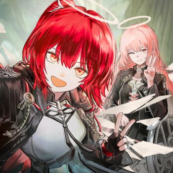 2girls arknights black_jacket commentary exusiai_(arknights) exusiai_the_new_covenant_(arknights) fingerless_gloves gloves halo hashtag-only_commentary highres jacket lemuen_(arknights) long_hair multiple_girls one_eye_closed one_side_up pink_eyes pink_hair red_eyes red_hair runamonet smile v wheelchair white_halo