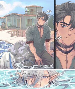 Rule 34 | 2boys, absurdres, beach, black hair, closed mouth, commentary, earrings, english commentary, genshin impact, highres, house, jewelry, long hair, male focus, merman, monster boy, monsterification, mouth submerged, multiple boys, naya (onaxart), neuvillette (genshin impact), ocean, on rock, outdoors, pointy ears, scar, scar on neck, short hair, sitting, smile, twitter username, wriothesley (genshin impact)