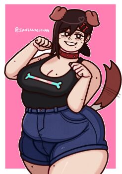 animal_ears belly black_hair black_shirt black_tank_top blush bone_print breasts brown_tail chainsaw_man choker cleavage dog_ears dog_girl fat fat_woman fupa green_shorts higashiyama_kobeni high-waist_shorts highres large_breasts looking_at_viewer mole mole_on_breast mole_on_thigh mole_under_each_eye mole_under_eye mole_under_mouth multiple_moles parted_lips paw_pose pink_background red_choker santanaelchan shirt short_hair shorts simple_background sleeveless sleeveless_shirt smile tail tail_wagging tank_top thick_thighs thighs transgender_flag twitter_username