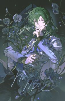 1boy black_pants commentary cowboy_shot ensemble_stars! flower green_hair grin hair_between_eyes hands_up happy_birthday highres kazehaya_tatsumi long_hair long_sleeves looking_at_viewer male_focus pants purple_eyes shirt smile solo white_shirt xcbqcwtn2ez1bbd