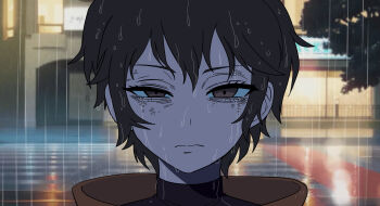 1girl bags_under_eyes black_hair brown_eyes city closed_mouth galois highres looking_at_viewer night original outdoors rain reze_(chainsaw_man) scene_reference short_hair solo