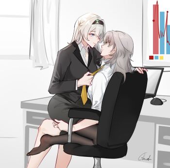 2girls black_hairband black_jacket black_pantyhose black_skirt chair closed_mouth clothes_grab collared_shirt commentary computer computer_mouse contemporary curtains english_commentary eye_contact firefly_(honkai:_star_rail) glaciel grey_hair hairband highres honkai:_star_rail honkai_(series) indoors jacket laptop long_hair looking_at_another multiple_girls necktie necktie_grab neckwear_grab office_chair office_lady pantyhose pencil_skirt purple_eyes shirt signature sitting sitting_on_lap sitting_on_person skirt smile stelle_(honkai:_star_rail) suit_jacket swivel_chair trailblazer_(honkai:_star_rail) white_shirt yellow_necktie yuri