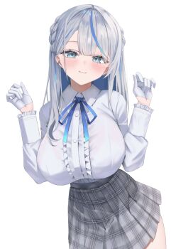 1girl amagai_ruka arale_(ara1e) blue_eyes blue_ribbon braid breasts buttons center_frills closed_mouth collared_shirt earrings frills gloves grey_hair grey_skirt highres jewelry large_breasts long_hair long_sleeves multicolored_hair neck_ribbon plaid_clothes plaid_skirt ribbon shirt skirt solo streaked_hair virtual_youtuber weather_planet white_gloves white_shirt