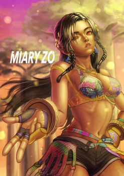 1girl absurdres breasts character_name commentary dark-skinned_female dark_skin fingerless_gloves floral_print gloves highres kai_hadaly long_hair miary_zo mole mole_under_eye one_eye_closed red_eyes solo tekken tekken_8 yellow_nails