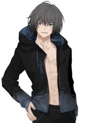 Rule 34 | 1boy, abs, black hair, black jacket, black pants, blue eyes, drawstring, fate/grand order, fate (series), hair between eyes, highres, hood, hood down, hooded jacket, jacket, male focus, oberon (fate), oberon (moody summer oberon) (fate), oberon (third ascension) (fate), open clothes, open jacket, pants, pectoral cleavage, pectorals, romo827, short hair, simple background, solo, striped male swimwear, toned, toned male, twitter username, white background