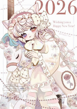 1girl 2026 :3 :p animal_ears bilingual_commentary blue_flower blue_rose bow carousel cat_ears cat_girl closed_mouth commentary commentary_request dress english_commentary english_text floral_print flower frilled_sleeves frills hair_bow happy_new_year heterochromia highres horse horseback_riding japanese_clothes kimono long_hair long_sleeves looking_at_viewer mixed-language_commentary nengajou new_year original red_flower red_rose riding rose solo tongue tongue_out usahiko_noe wavy_hair white_bow white_dress yume_kawaii